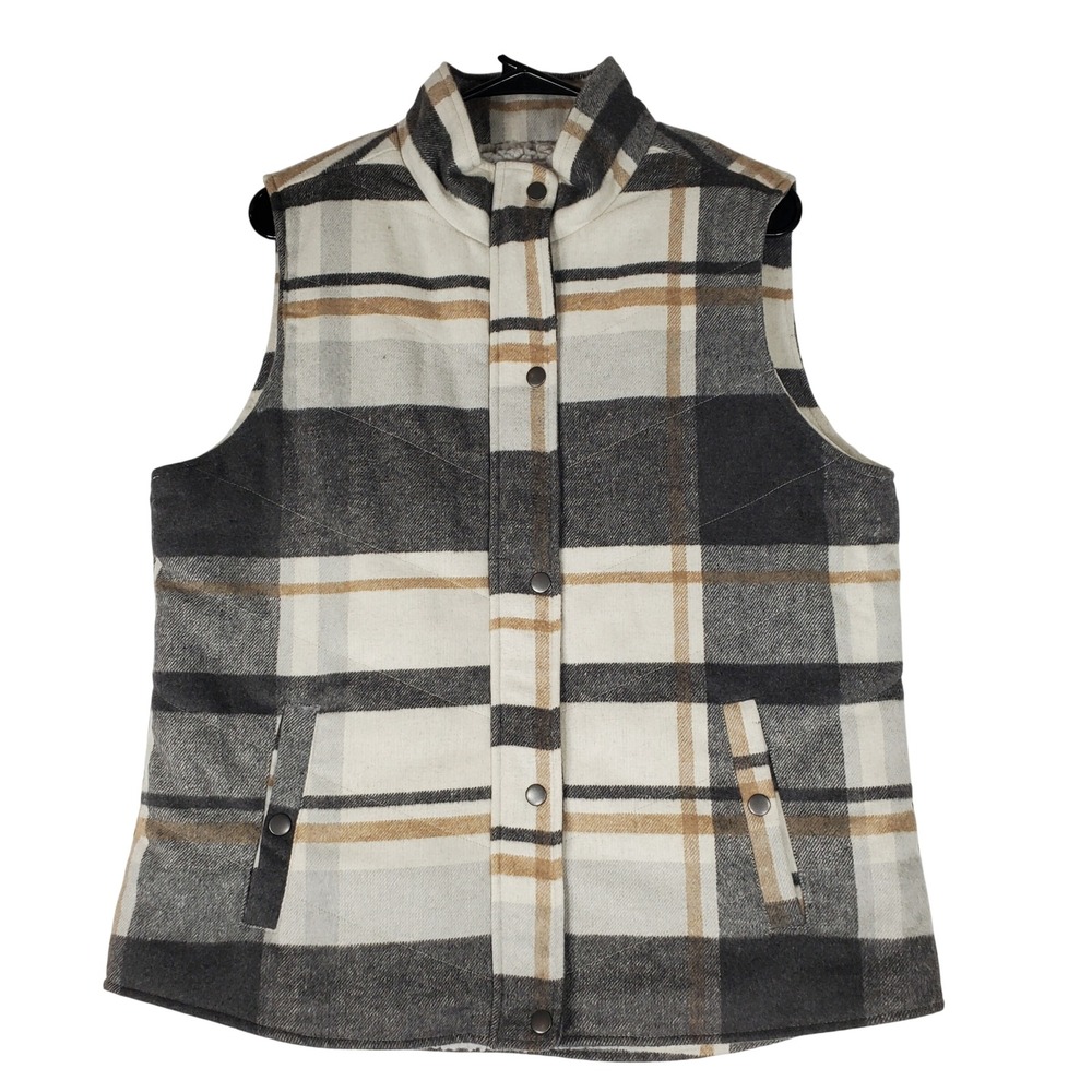 Thread & Supply Plaid Sherpa Lined Vest Brown Cream TSJKX8505 Womens Large
